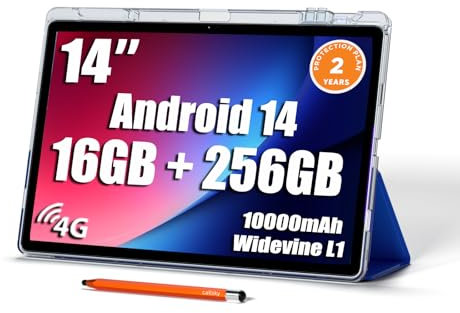Tableta de pantalla grande de 14 pulgadas, tableta Android 15 de 16 GB de RAM, 256 GB de ROM, pantalla IPS FHD de 1920 x 1200, Widevine L1, carga de 10000 mAh, 18 W, Wi-Fi y Bluetooth, 4G LTE, con