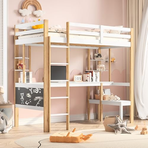 fortuna Lai Hochbett 90x200 cm für Kinder, Hausbett mit Leiter und Schreibtisch, Doodle-Board, Holzbett mit Gitter, Rausfallschutz & Lattenrost aus Massivholz, Weiß (90x200cm-C)