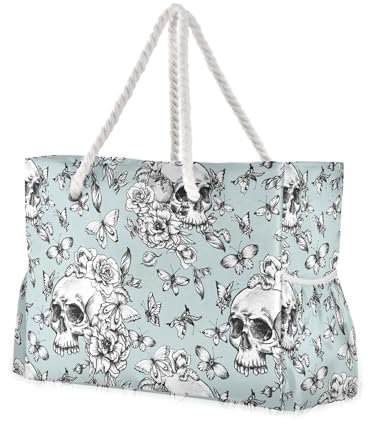 ALAZA Große Strandtasche für Damen, Vintage, Gothic, Totenkopf, Strandtasche, wasserdicht, mit Reißverschlusstaschen, Reisen, Fitnessstudio, Schwimmtasche, Totenköpfe 191, Einheitsgröße
