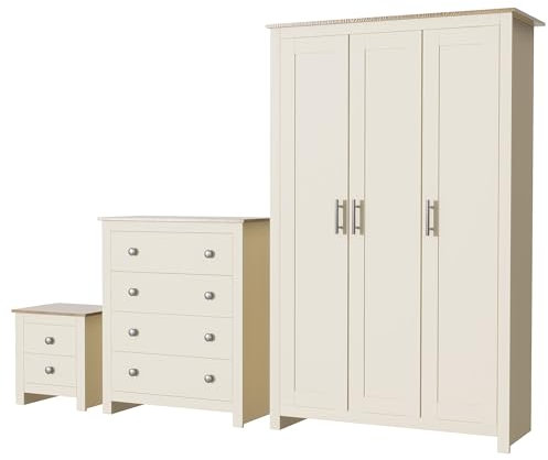 Nera 3 Piece Bedroom Furniture Set 3 Door Wardrobe Set Chest of Drawers and Bedside Cabinet Bedroom Storage (Cream on Oak)
