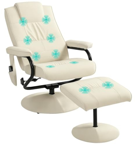 HOMCOM Swivel Recliner Chair and Footstool, Massage Recliner, Cream White | Faux Leather, Armchair, Remote Control, Round Wrapped Base