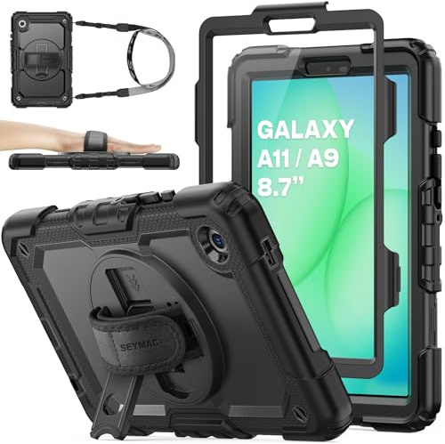 SEYMAC stock Hülle für Samsung Galaxy Tab A11/A9 8,7 Zoll 2025/2023, Stoßfeste Hülle mit Displayschutz, 360° Drehbarer Ständer/Handschlaufe, Stifthalter & Schultergurt, Schwarz