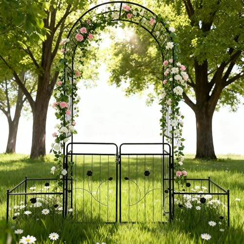 Arco De Jardín con Puerta Y Cajas para Plantas De Metal - Enrejado Exterior para Rosales Trepadores, Montaje Fácil, Arco Negro para Jardín, Patio, Césped, Patio Trasero & Bodas