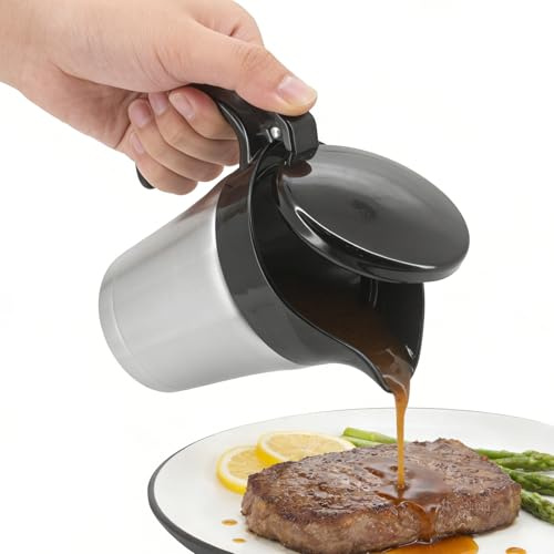 Seahelms Double Wall Insulated Gravy Boat/Jug, 450ml Stainless Steel Serving Jug with Hinged Lid, Thermal Sauce Boat for Gravy, Cream, Custard