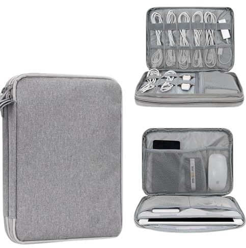 Kabeltasche Organizer, Elektronik Zubehör Tasche, Tech Pouch für Tablet und E-Book-Reader, Reise Gadgets Aufbewahrung, Grau Doppelschicht, 1 Stück