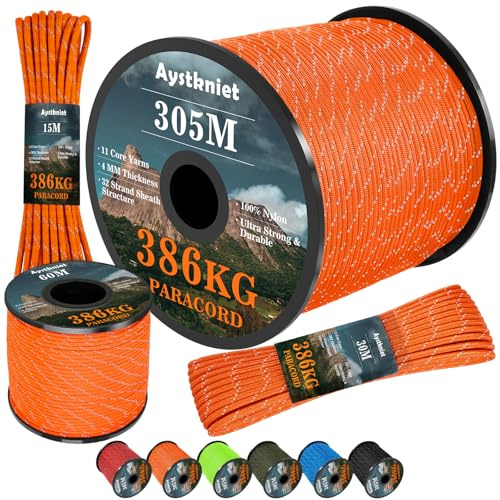 Aystkniet Reflektierendes Paracord, 4mm Paracord Seil mit 11 Kern, Max. 386kg, 15/30/60/305m Reißfest Allzweckseil für Outdoor Wandern Camping Survival Basteln