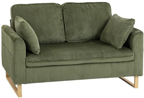 HOMCOM 2 Seater Sofa, 140 cm Corduroy Upholstered Loveseat, Dark Green