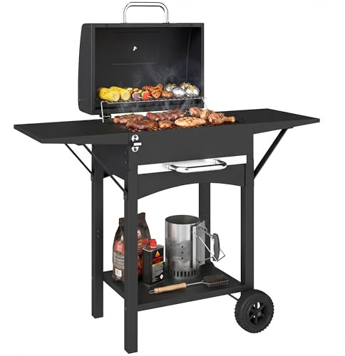Outsunny Holzkohlegrill mit Deckel BBQ Smoker 110 x 46,5 x 101 cm Schwarz | 2 Seitentischen, Große Grillfläche, Grillrost, Thermometer, Räder, Grillwagen, Standgrill, Kohlegrillwagen