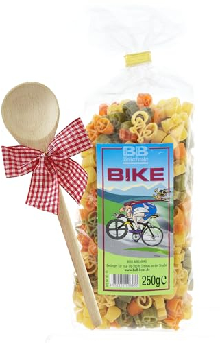Bull & Bear bunte Fahrrad Nudeln 250g, Motivnudeln aus Hartweizengrieß, handgefertigt in deutscher Manufaktur, Pasta Geschenk, inkl. Holzlöffel