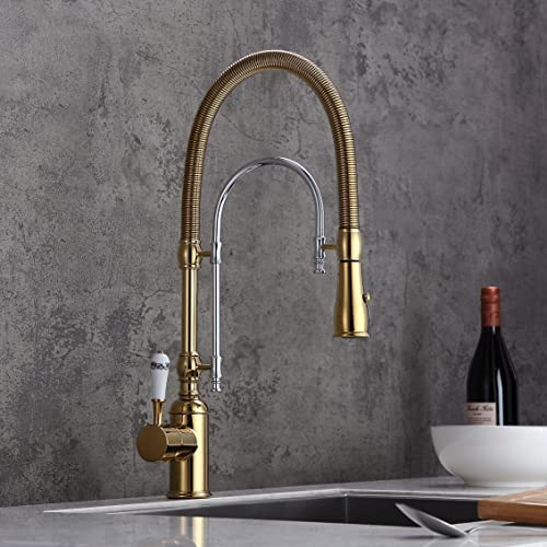 KunMai Einhebel-Wasserhahn mit hohem Bogen, schwenkbar, Dual-Modus, ausziehbar, Küchenspüle, Wasserhahn mit Porzellangriff in Gold und Chrom, bleifrei, massives Messing, cUPC-zertifiziert,