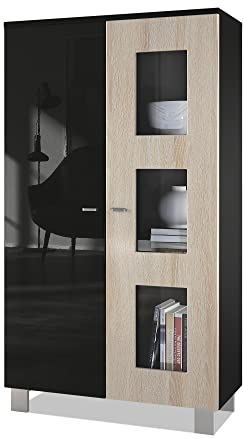 Vladon Vitrine Denjo, Made in Germany, Standvitrine mit 2 Türen und 3 Glaseinsätzen, Schwarz matt/Schwarz Hochglanz/Eiche Sägegrau (71 x 129 x 35 cm)