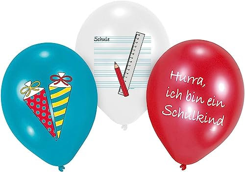 Ballons/Luft-Ballon/Statement-Balloon HURRA ICH BIN EIN SCHULKIND Schulanfang Schul-Anfang Erster Schul-Tag Dekoration Einschulung Mädchen & Junge-n mit Schul-Tüten-Motiv 6 Luft-Ballons