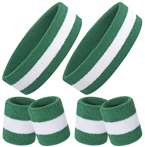 ONUPGO Schweißband-Set, Sport-Stirnband, Armband-Set (6 Stück) Schweißbänder aus Frottee, Schweißband, Stirnband, Feuchtigkeitstransport, Schweißabsorbierendes Stirnband Green/White/Green