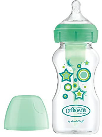 Dr. Brown's Anti-Kolik-Fläsche, breite Öffnung, 270 ml, Grün - Sterne für Babyflasche + 0 Monate