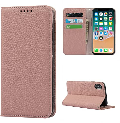 Copmob Phone Case iPhone X/XS,Flip Genuine Leather Wallet Case,[4 Slots][Magnetic closure][With Lanyard],Protective Cover Case for iPhone X/XS - Pink