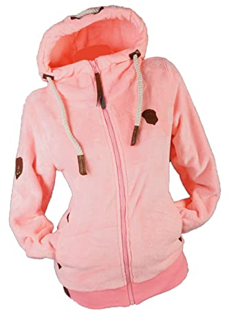 VIN TE Damen Kuschel Teddy Fleece Sweat Jacke Kapuze Hoodie Übergangsjacke Uni M-3XL (Rosa, XL)