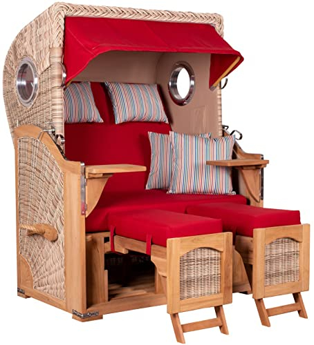MR. DEKO® Strandkorb Düne Teak 2-Sitzer Bullauge | PE Geflecht Shell | Volllieger Strandstuhl verstellbar | inkl. 4 Kissen Wechselpolster | Strandkörbe fertig montiert aus Teakholz | Dessin 585