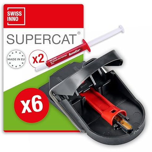 SWISSINNO Mausefalle PRO SuperCat - Tiergezielte Beseitigung - Effizient + Wiederverwendbar mit Erdnussbutter-Köder - Sofortiges Fangen + Töten - 8 Fallen + 2 Köderspritzen