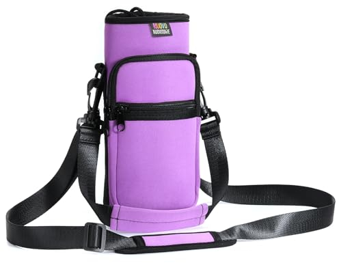 Nuovoware Water Bottle Carrier Bag, 750ml Bottle Pouch Holder, Adjustable Shoulder Hand Strap 2 Pocket Sling Neoprene Sleeve Sports Accessories for Hiking Travelling Camping, Taro Purple