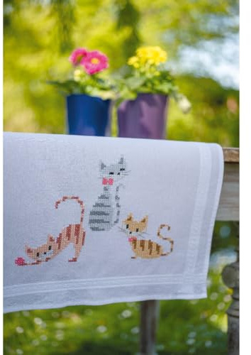 Vervaco Stickpackung Tischläufer Sticken Set Erwachsene Vorgedruckt Katzen mit Streifen Stickläufer zum Selbersticken Vorgezeichnet Decke Sticken Plattstich 40 x 100 cm Kreatives Geschenk