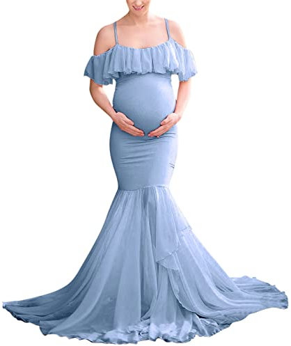 Vuncio Robe Maternité Shooting Photo Tulle Volants à épaules Dénudées Robe Grossesse Mariage Ceremonie Soiree Cocktail Chic Et Elegant Robe Femme Enceinte Grande Taille Pas Cher