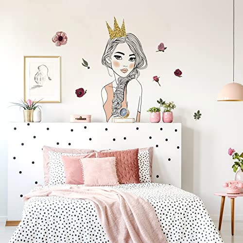 WandSticker4U®- Wandtattoo Mädchen PRINZESSIN mit Krone rosa/beige (58x47 cm) I Wandsticker Jugendzimmer Mädchen Blumen rosa BEAUTY Girl I Wandaufkleber Mädchenzimmer Deko Teenager COOL
