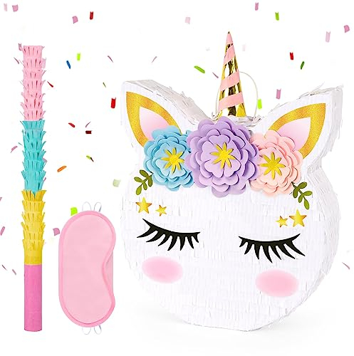 WERNNSAI Einhorn Piñata – Geburtstags Pinata Mädchen Kinder Party Dekorationen Einhorn Piñata mit Stock und Augenmaske Geburtstagsparty Familienspiele Geburtstagsdeko Zubehör 40 cm x 31cm