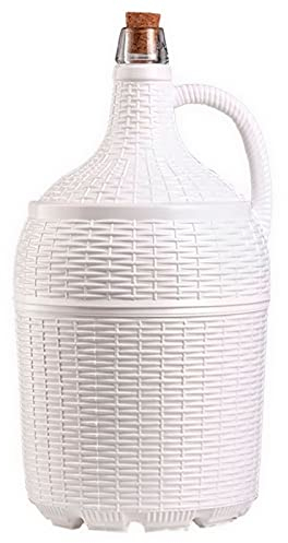 Tradineur - Bidon en verre doublé en plastique, avec bouchon en liège, capacité de 5 litres, design osier, parfait pour servir des sodas, des boissons alcoolisées ou même de l'eau, couleur blanche