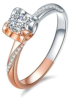 AMDXD AntragsringEcht 18K Weißgold & Rotgold, Hochzeitsring Partnerringe Herz mit Diamant Ring Weiß, Gr.52 (16.6)