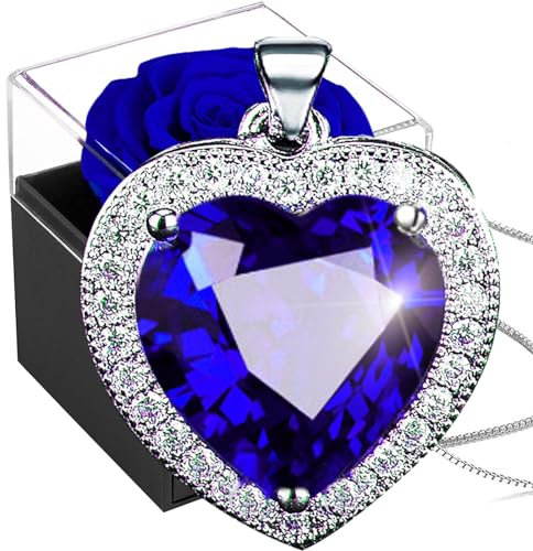 Rosa Stabilizzata Vera con Catena D'argento 925, Scatola Rose Blu Con Collana Pietre Nascita,Rosa Eterna Blu con Pietra Nascita Gioielleria, Scatola Regalo Dello Zaffiro per Natale Mamma San Valentino