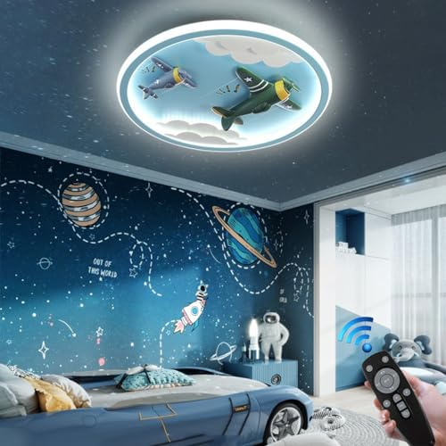 RuiRfh Deckenleuchte LED modern kreativ blau Cartoon Flugzeug Design 56W Beleuchtung Babyzimmerlampe mit Fernbedienung Deckenlampe Junge Mädchen Zimmer dimmbar Kronleuchter Schlafzimmer Wohnzimmer Res