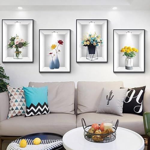 COVPAW 4 Stück 3D Wandbilder Selbstklebend Wandaufkleber Vase Wandtattoo Blumen Pflanzen Wandabziehbilder Haus Wanddeko Wohnzimmer Schlafzimmer Wanddeko (4 Blumen Vasen)