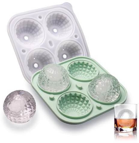 Prism - Molde de hielo redondo de silicona de esfera grande, bandeja de cubitos de hielo de formas divertidas con tapa transparente tipo embudo, haz 4 cubitos de hielo de bola de discoteca para
