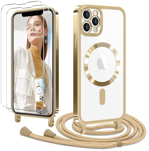 Ethanger Handyband für iPhone 11 Pro Hülle mit Band + 2 Stück Glas Schutzfolie Transparent Silikon Handyhülle Magnetische Schutzhülle Case zum Kordel Abnehmbar für iPhone 11 Pro Gold