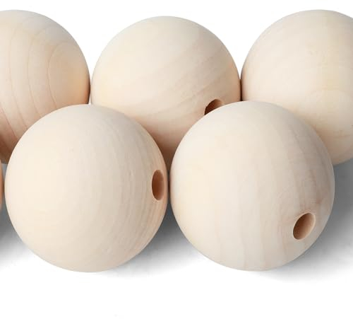 SOSMAR 6 Stück 60mm Super Große Holzperlen natur Holzkugeln mit Loch 10mm für Bastelarbeiten, DIY Handwerk, Dekor etc.
