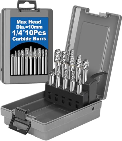 Sworker Hartmetall-Frässtift-Set, 6,35 mm Schaft, 10 Stück, mit großer Box, Schleif-Bits, rotierende Raspel, Feile für Metallschweißnähte, Beton, Stein, Holz, Kunststoff, Schnitzen, Reinigen,