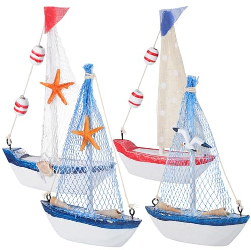 NUOBESTY 4Pcs Mini Sailboat Models Wooden Sailing Boat Models Wood Miniature Nautical Sailing Boats with Flag Net Floating Tube for Table Photo Prop Beach Ocean Theme Party Decor