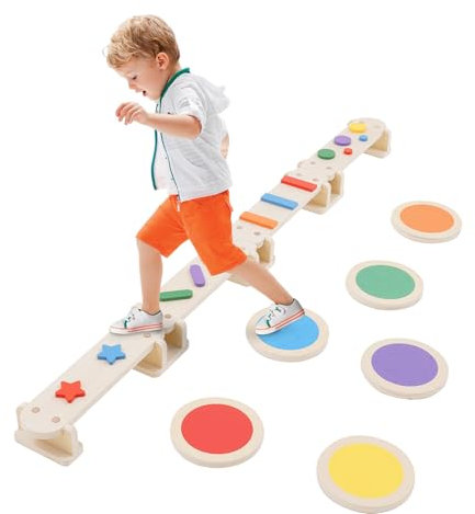 YULEYU Wooden Balance Beam with 6 Stepping Stones, Kids Montessori Sensory Toy Obstacle Course for Toddler Outdoor Indoor Play, Wooden Balance Board Build Coordination