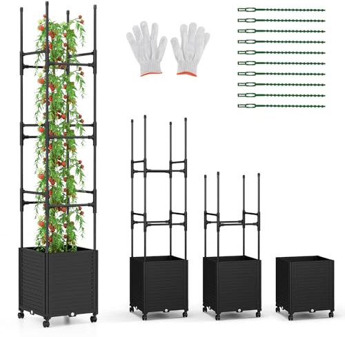 COSTWAY Raised Garden Bed with Trellis, 3 Height Adjustable Rolling Planter Box with Self-Watering System, Detachable Metal Tubes & Wheels, 219cm Garden Trellis Supports Tower for Climbing Plants