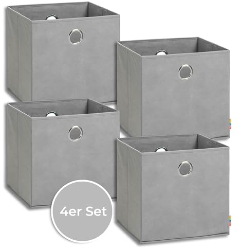 Storanda | 4er Set Aufbewahrungsbox 33x33x33 cm | Extra Große Griffe | Stabil & Faltbar | Regalbox für Würfelregal Kallax | Ideal für Zuhause & Kinderzimmer | Grau