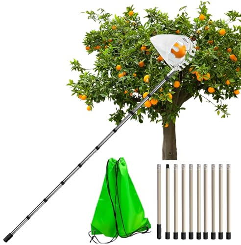 Idota Obstpflücker mit Teleskopstiel 4M, Apfelpflücker mit Edelstahl Teleskoppfahl und Tasche Diameter 16 cm, Obstpflücker für Kirschen Apfel Birne