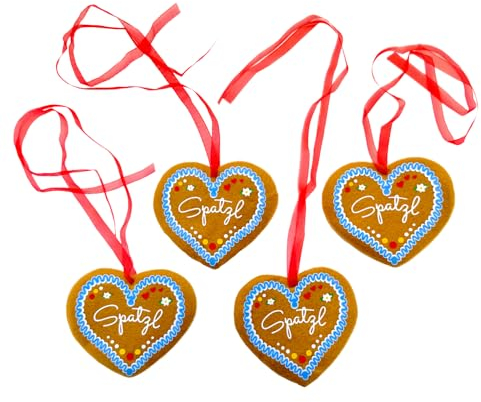4 Stück kleine Dekorations Herzen SPATZL Lebkuchenherz Design (9x8x1cm) - Dekoration Oktoberfest Weihnachtsschmuck Party Bäckerei Restaurant Geburtstag Bayern Volksfest bayerisches Weihnachten
