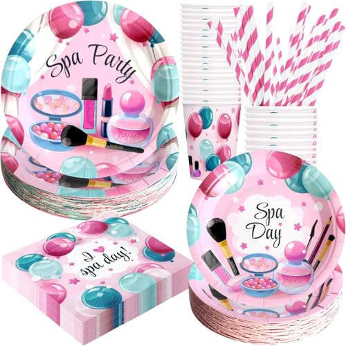 Lot de 120 décorations de fête d'anniversaire spa jetables et relaxantes avec assiettes, serviettes, tasses et pailles | Pour 24 personnes