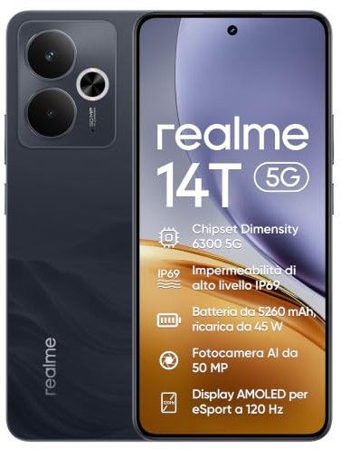 realme 14T 5G Téléphone Portable, 8+ 256 Go Smartphone, Dual SIM, Chipset 5G Dimensity 6300, Batterie de 5260mAh, Écran Esport AMOLED 6,67 120 Hz, IP69, NFC, Noir Obsidienne