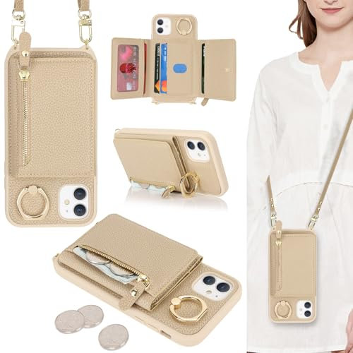 ELTEKER Handyhülle für iPhone 11 Hülle mit Band Kartenfach Ringhalterung Geldbörse,Leder Klapphülle Umhängetasche Handytasche für iPhone 11 - beige