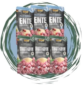 Belcando Frischebeutel Nassfutter | Multi Bundle, Sparpaket | Verschiedene Sorten | 6x125g (125g, 3X Ente, 3X Truthahn)