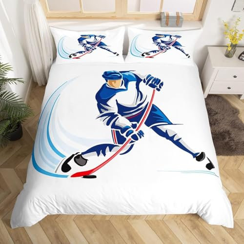 Homemissing Bettwäsche-Set für Einzelbett, Eishockey-Set, Bettbezug, Eishockey-Spieler, Wintersport, Schlafzimmerdekoration, blaue Eishockey-Serie