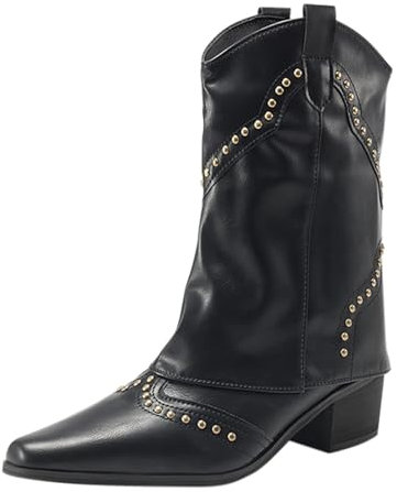 Generico Stivali Camperos Donna Invernali Texani Tronchetti Tacco Medio Stivali Donna Alti con Tacco Boots a Metà Polpaccio Stivali Donna Indianini Scarponcino da Cowboy Cowgirl Cerniera Stivaletto