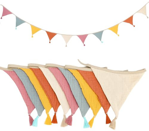 Xialvyu Guirnalda de banderines para habitación de los niños, muselina de doble cara, tela de algodón, guirnalda para decoración de pared, habitación de los niños, niñas, fiesta de jardín, cumpleaños,