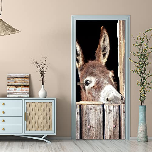 VIRANDA 3D Selbstklebende Türtapete Vinyl Türaufkleber Wasserdichte Türbilder Abnehmbare Türposter Esel Türklebefolie für Zuhause Decoration Design 77x200cm
